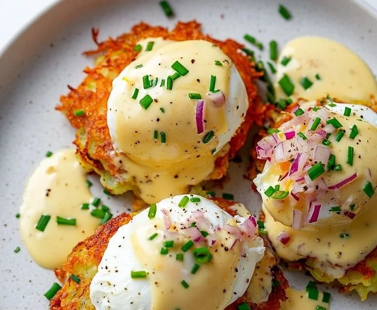 Delicious Latke Eggs Benedict served with poached eggs and hollandaise sauce