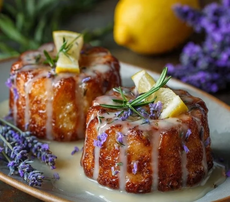 Lavender-Glazed Mini Lemon Cakes served on a white plate for a delicious dessert