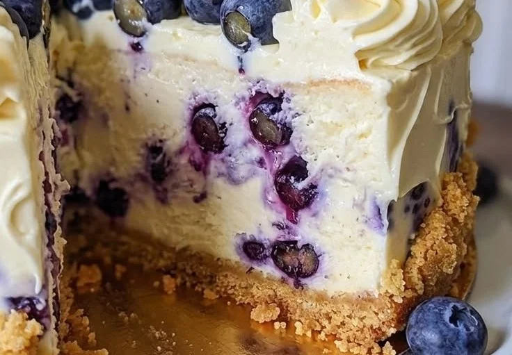 Delicious Lemon Blueberry Cheesecake Cake with fresh blueberries and lemon zest