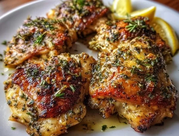 Plate of Lemon Garlic Chicken garnished with herbs and lemon slices.