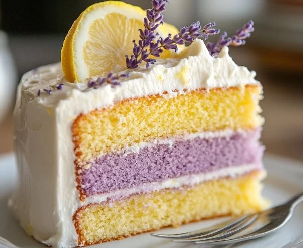 Slice of lemon lavender cake topped with flowers and lemon zest