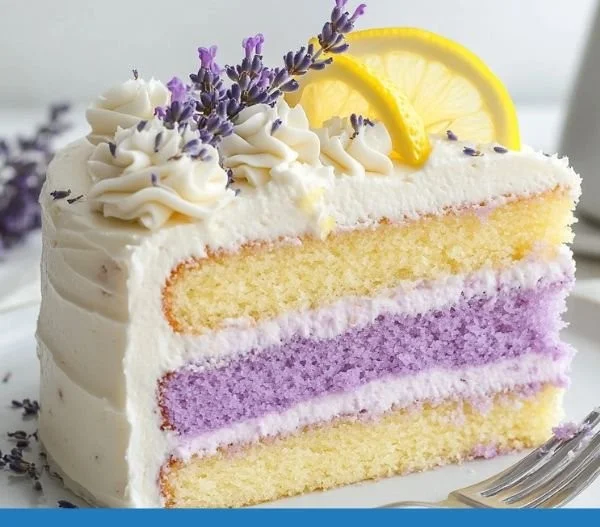 Delicious Lemon Lavender Cake topped with lemon glaze and lavender flowers