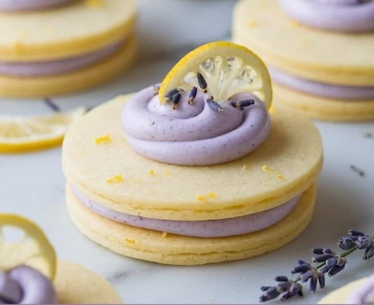 Lemon lavender sandwich cookies with floral and citrus flavor