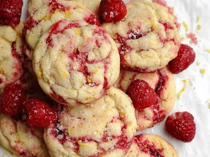 Freshly baked lemon raspberry cookies on a cooling rack.