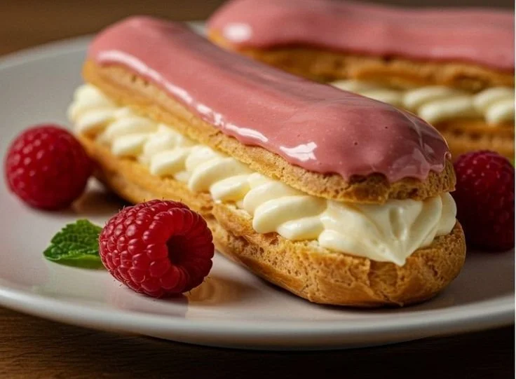 Delicious Lemon Raspberry Eclairs topped with frosting and fresh raspberries