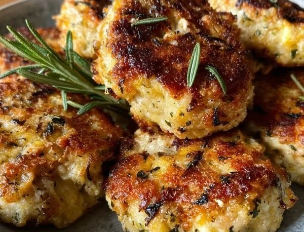 Lemon Rosemary Chicken Patties served with fresh herbs on a plate.