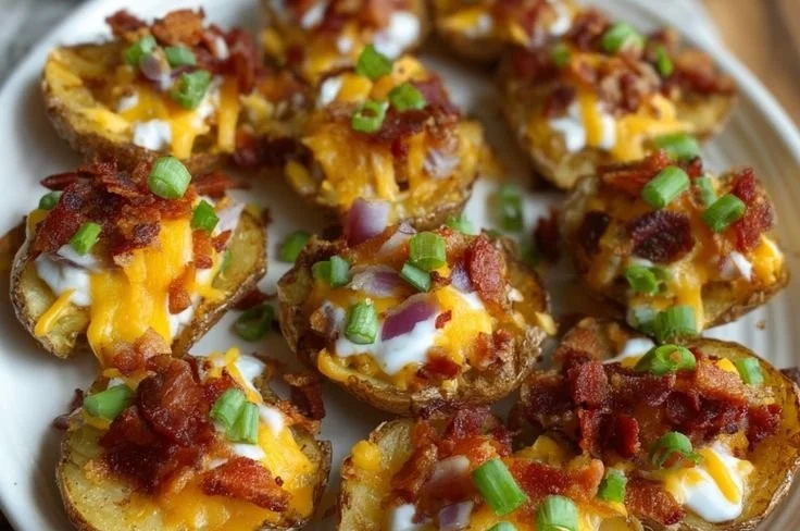 Loaded Mini Potato Bites garnished with cheese and herbs on a platter