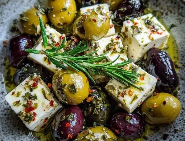 Bowl of marinated olives with feta cheese for a tasty appetizer