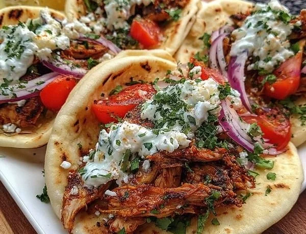Mediterranean chicken gyros with creamy feta tzatziki served on a plate