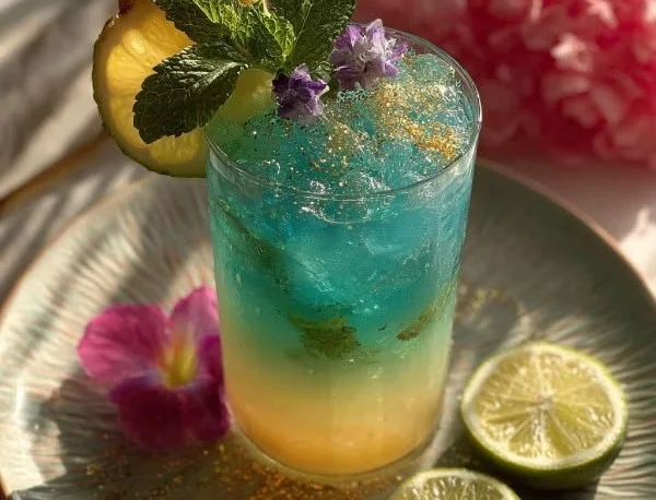 Colorful Mermaid Water Mocktail with tropical ingredients in a glass.