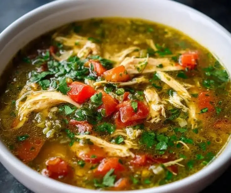 Bowl of Mexican green enchilada chicken soup topped with cilantro and lime