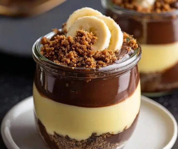 Mini Banana Chocolate Dessert Jars served in glass containers
