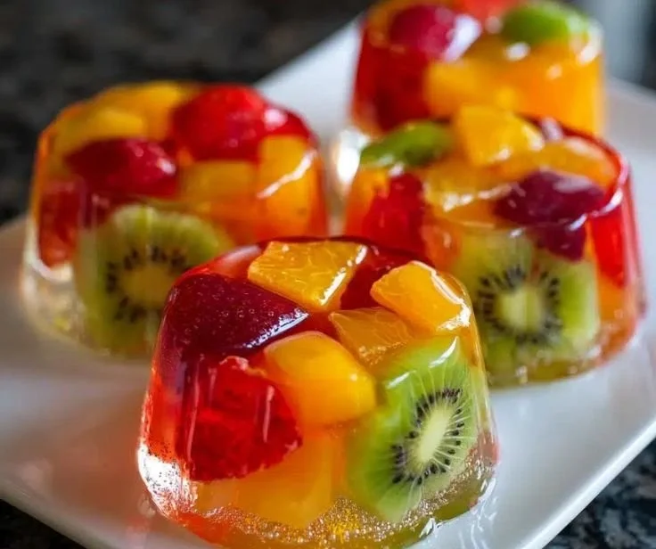 Colorful mini fruit jelly cups served in clear cups, topped with fresh fruit.