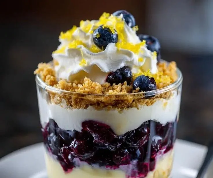 Mini Lemon Blueberry Dessert Cups showcasing layers of creamy lemon and fresh blueberries.