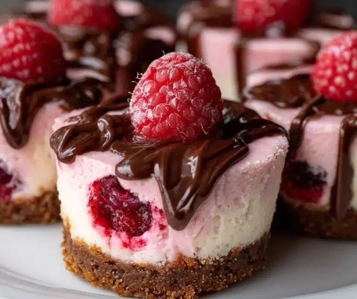 Mini Raspberry Chocolate Cheesecake Cups topped with fresh raspberries.