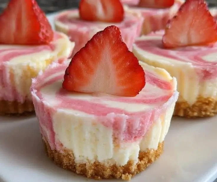 Mini strawberry vanilla cheesecake bites served on a decorative plate