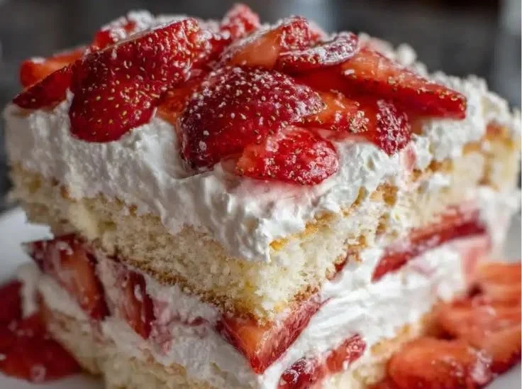 Minute Angel Food Strawberry Shortcake topped with fresh strawberries and whipped cream.