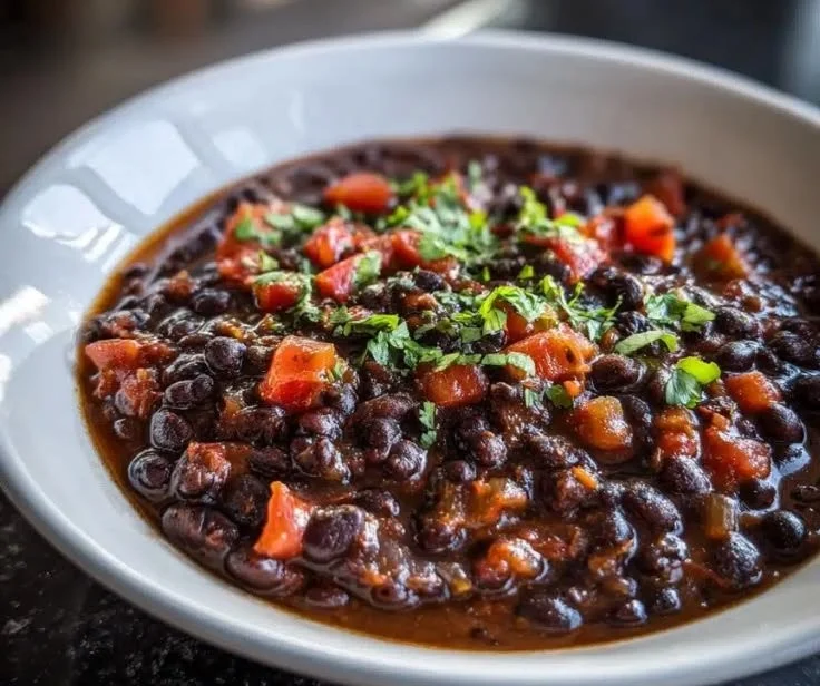 Bowl of Minute Black Bean Soup made with simple pantry staples