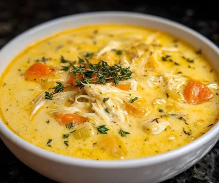 Bowl of creamy cheddar chicken soup garnished with herbs