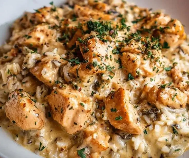 Minute Creamy Chicken and Wild Rice Bowl served in a blue bowl