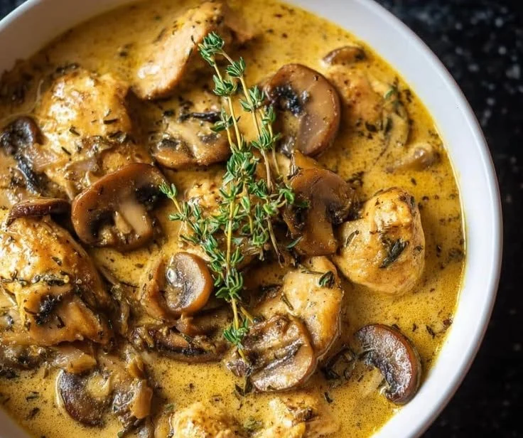 Creamy mushroom chicken soup ready to serve with herbs and spices.