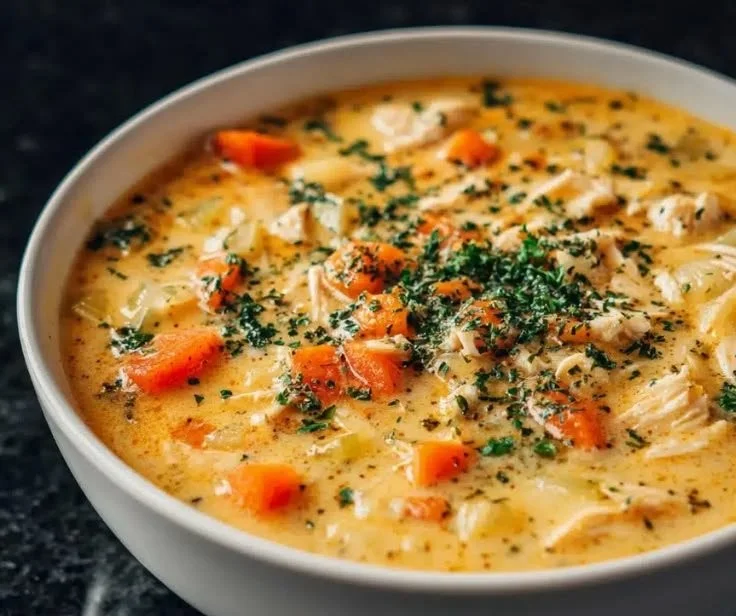 Bowl of creamy ranch chicken soup with herbs and spices