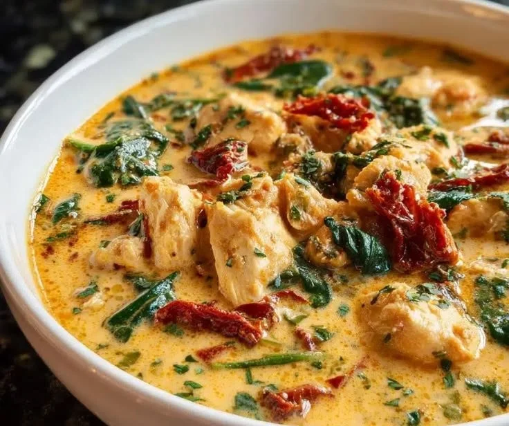 Bowl of creamy Tuscan chicken soup with vegetables and herbs