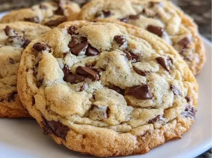 Plate of crispy chocolate chip cookies ready to be enjoyed.