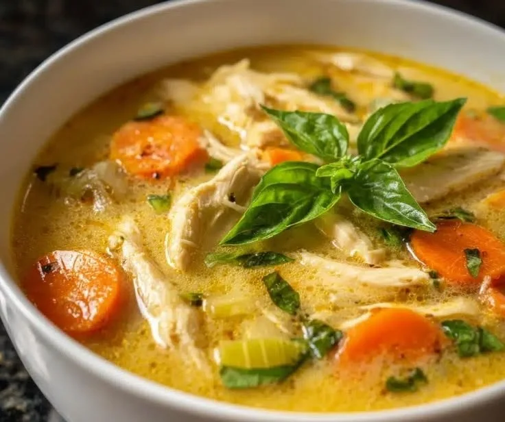 A bowl of lemon basil chicken soup garnished with fresh basil leaves.