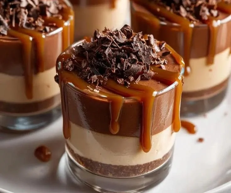 Mini chocolate caramel mousse cups beautifully garnished for a delicious dessert