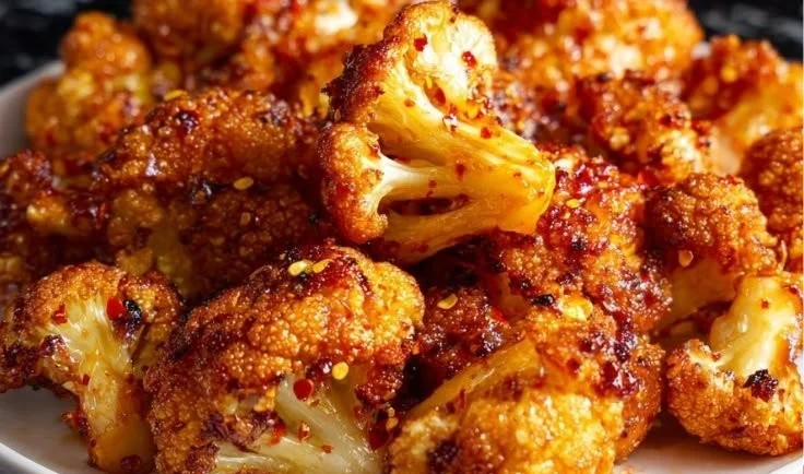 Bowl of spicy hot honey roasted cauliflower garnished with fresh herbs