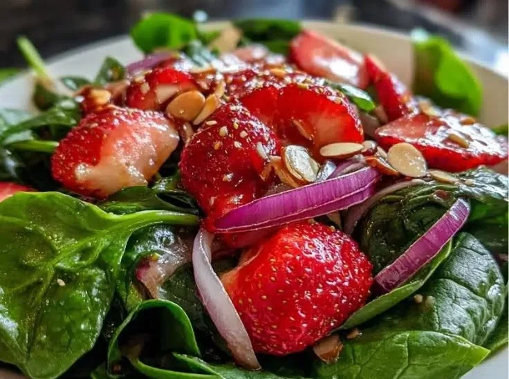 Fresh strawberry spinach salad drizzled with balsamic vinaigrette dressing