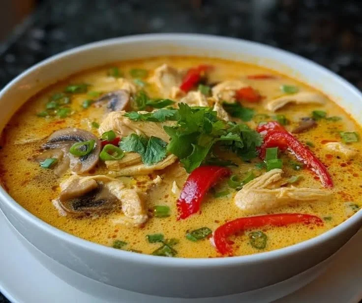 Bowl of Thai Spicy Coconut Chicken Soup garnished with herbs and peppers