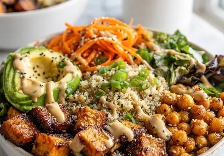Miso Roasted Sweet Potato Power Bowl topped with fresh vegetables and sauce.