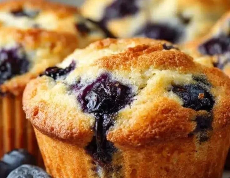Freshly baked moist blueberry muffins on a wooden table