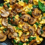 Mushroom spinach scrambled eggs served on a plate
