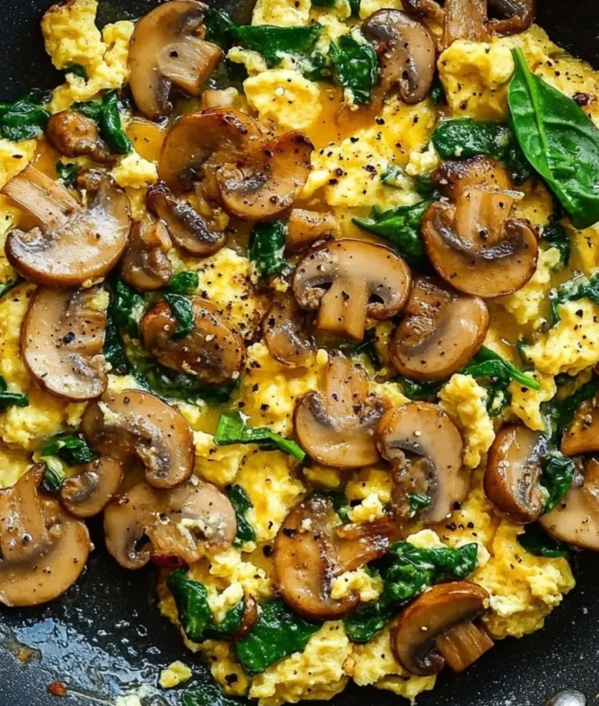 Mushroom spinach scrambled eggs served on a plate