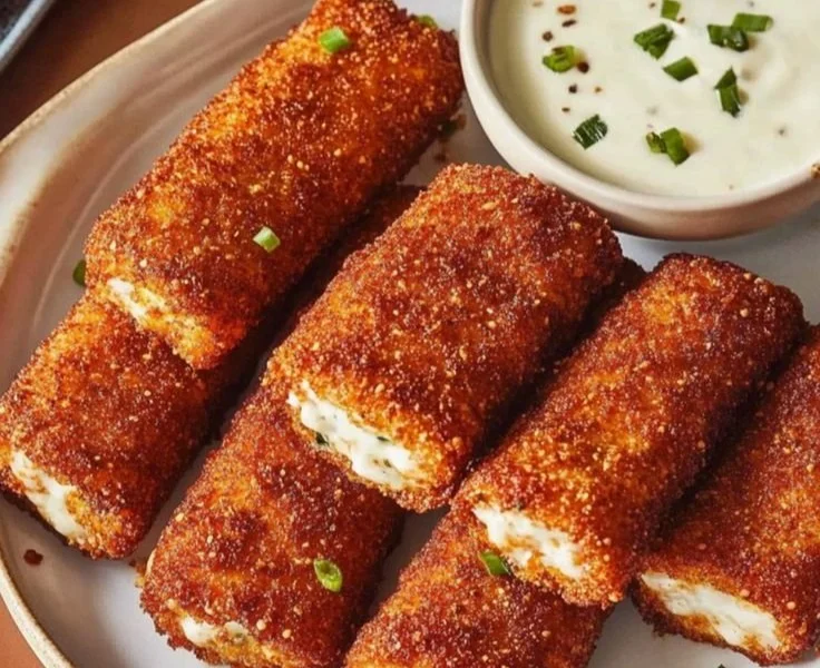 Plate of crispy Nashville hot mozzarella sticks with spicy dipping sauce