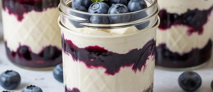 No-bake blueberry cheesecake prepared in jars, topped with fresh blueberries.