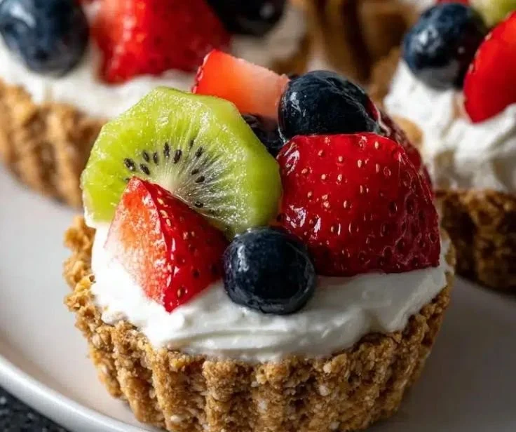 Colorful no-bake fruit cream cups with fresh fruits and creamy topping