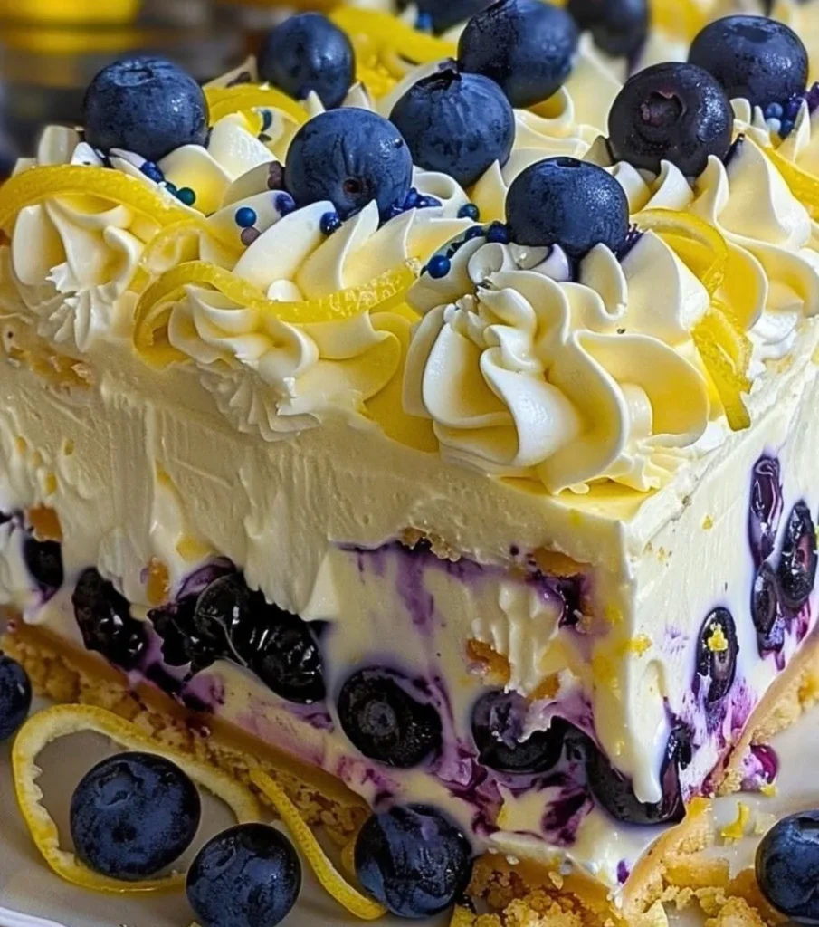 No-Bake Lemon Dazzling Blueberry Cream Cake topped with fresh blueberries and lemon slices