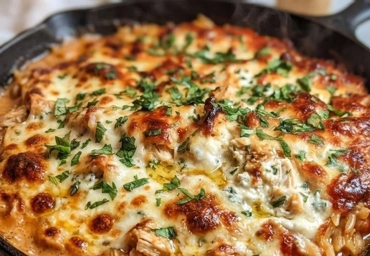 Delicious one-pan cheesy chicken lasagna with orzo, garnished with herbs.