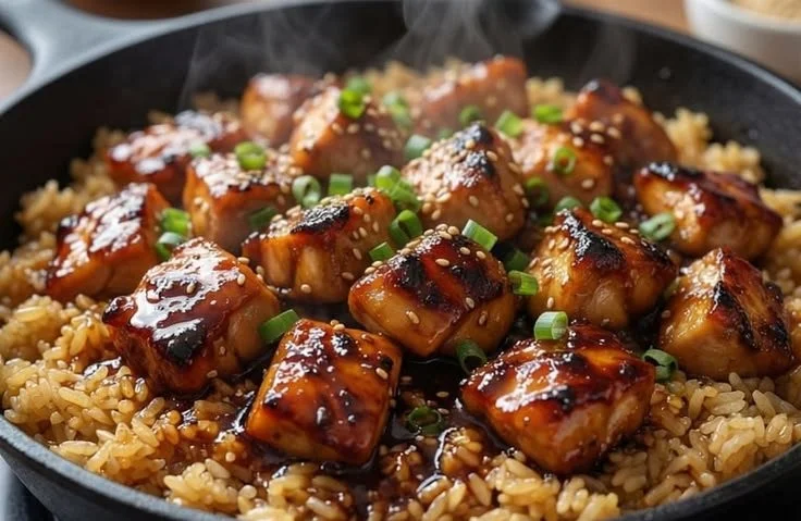 One-Pan Honey BBQ Chicken served with rice on a rustic table