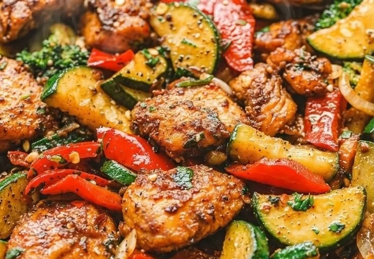 A hearty one-pot chicken and vegetables dish garnished with herbs.