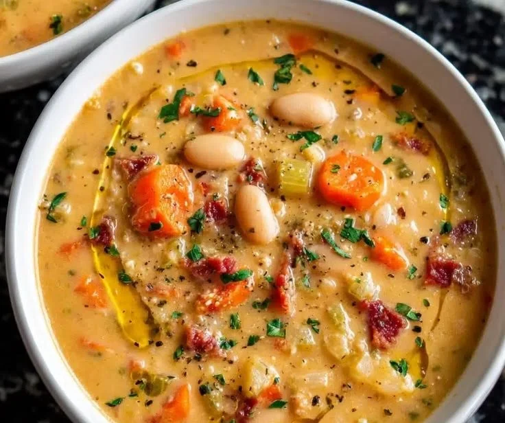 A bowl of creamy bean soup garnished with herbs, showcasing a healthy one-pot recipe