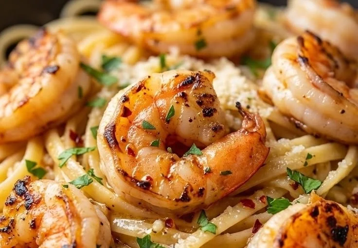A delicious bowl of garlic chili shrimp linguine garnished with herbs.