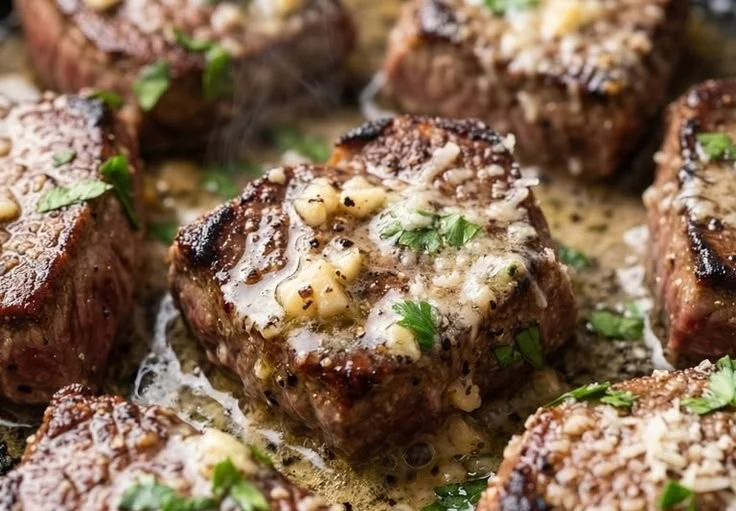 Delicious Parmesan Garlic Butter Steak Bites served on a plate