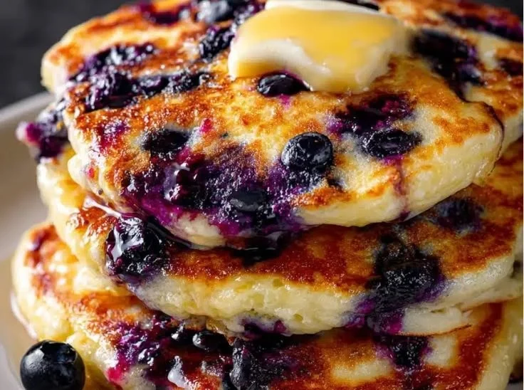 Fluffy blueberry pancakes topped with fresh blueberries and syrup