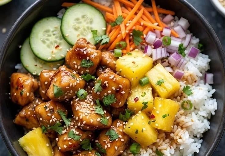 Delicious Pineapple Chicken Rice Bowl garnished with fresh ingredients