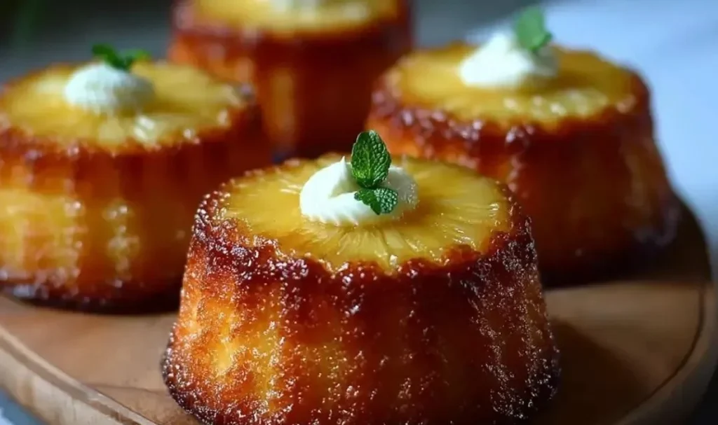 Pineapple Mascarpone Upside-Down Mini Cakes on a decorative plate